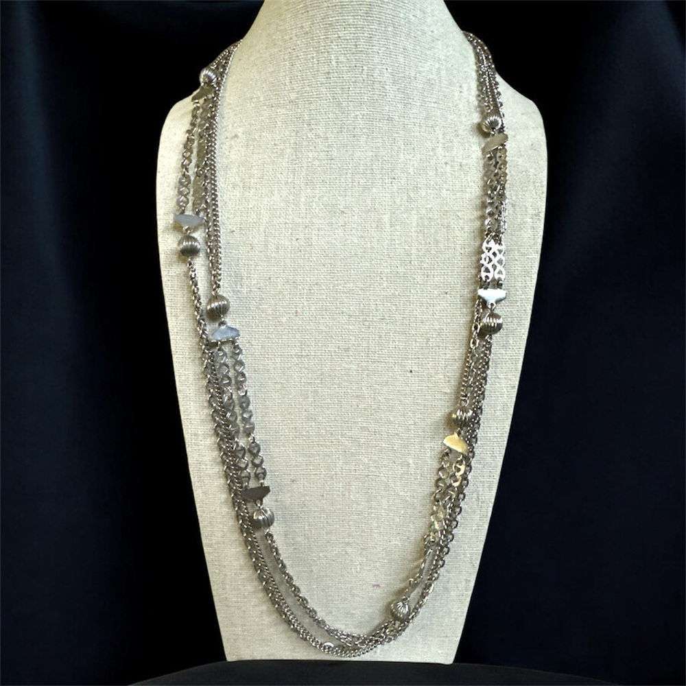 Vintage Silver-Tone Multi-Strand Necklace 54” Ribbed Beads & Panels 1970s–1980s